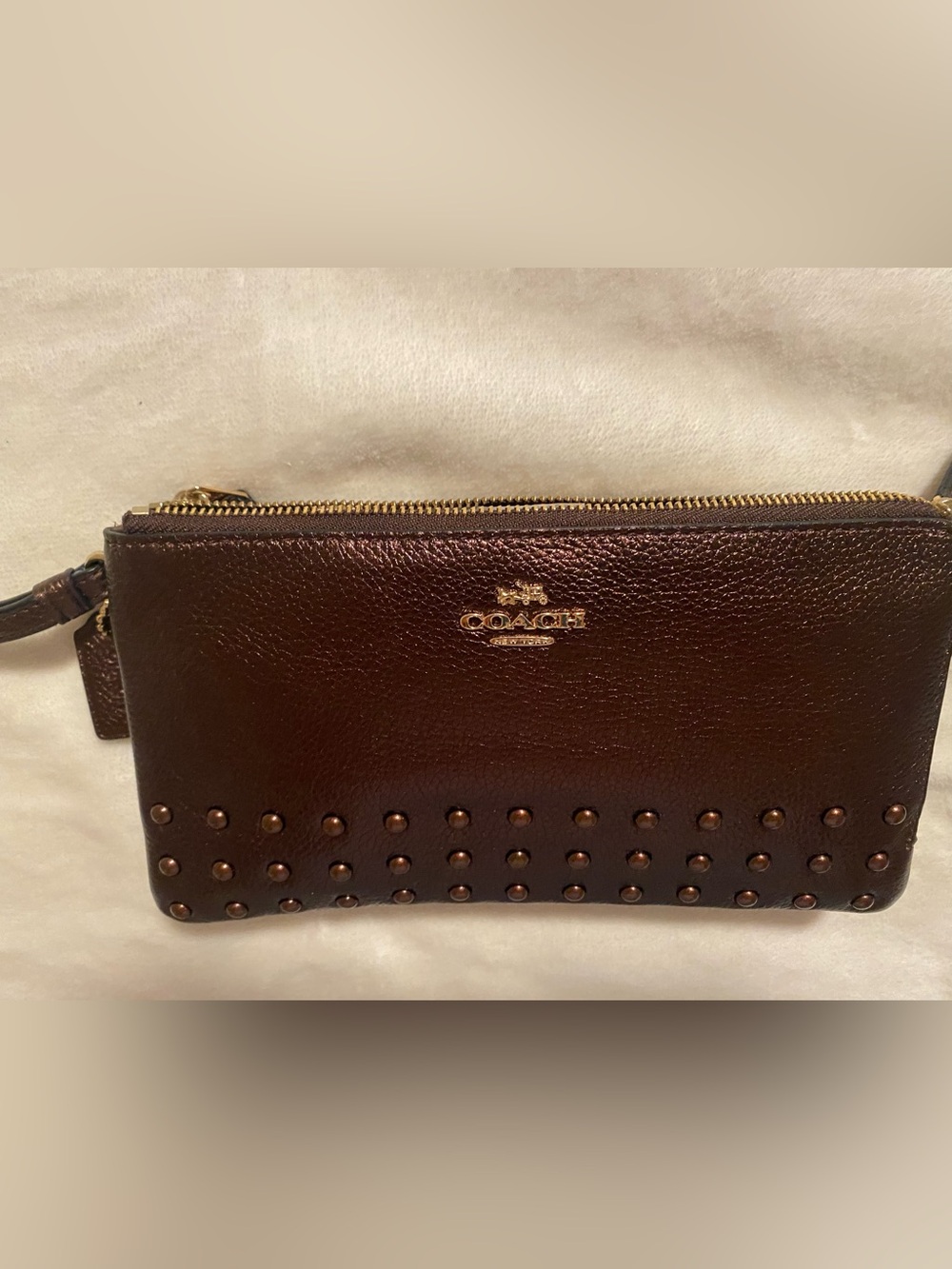 Coach Copper Leather Studded Wristlet with Gold Hardware